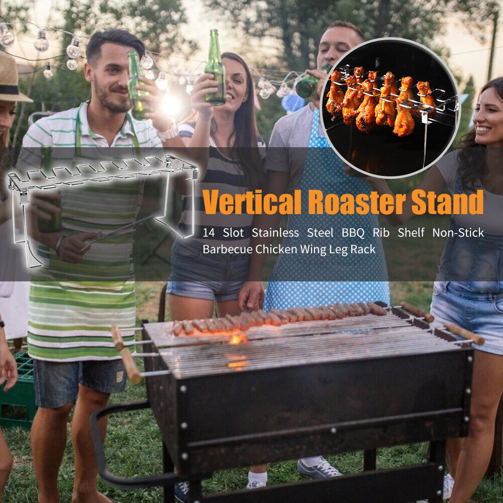 14 Slot Stainless Steel BBQ Rib Shelf Grill Barbecue Chicken Wing Leg Rack