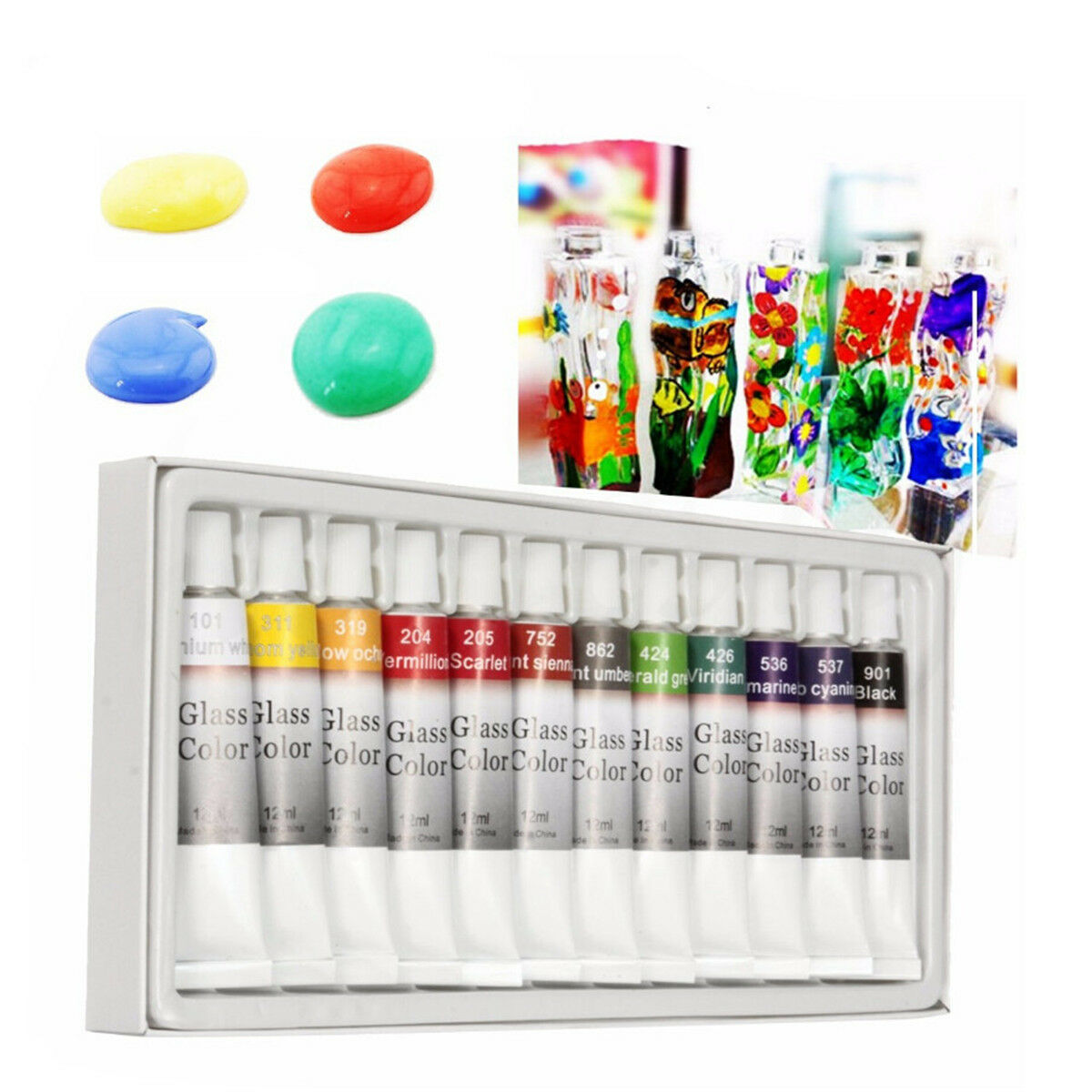 12 Color 12mL Waterproof Non Toxic Glass Paint Tube Set Stain Glass Painting Kit