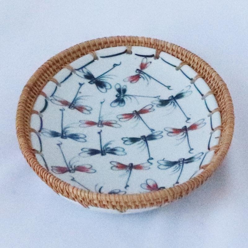 Rattan Serving Plate Oval Ceramic Porcelain Fruit Dessert Food Storage Container
