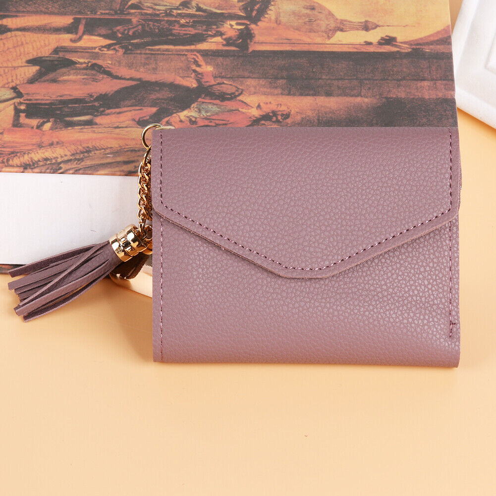 Women PU Leather Short Folding Wallet Tassel Card Coin Purse(Bean Red)