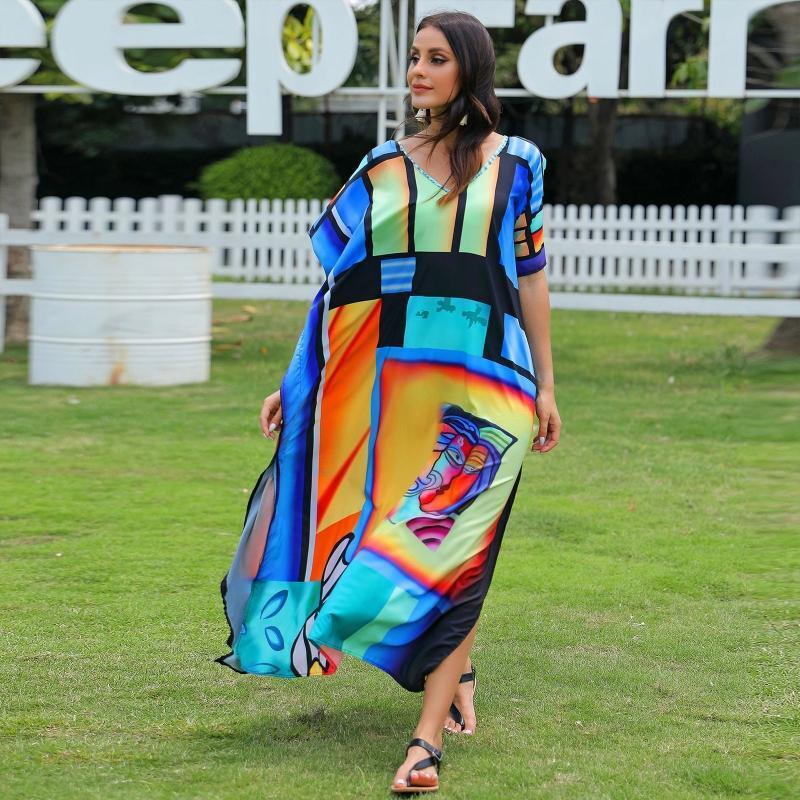 Women Batwing Sleeve Beach Maxi Dress Abstract Face Print Kaftan Bikini Cover Up