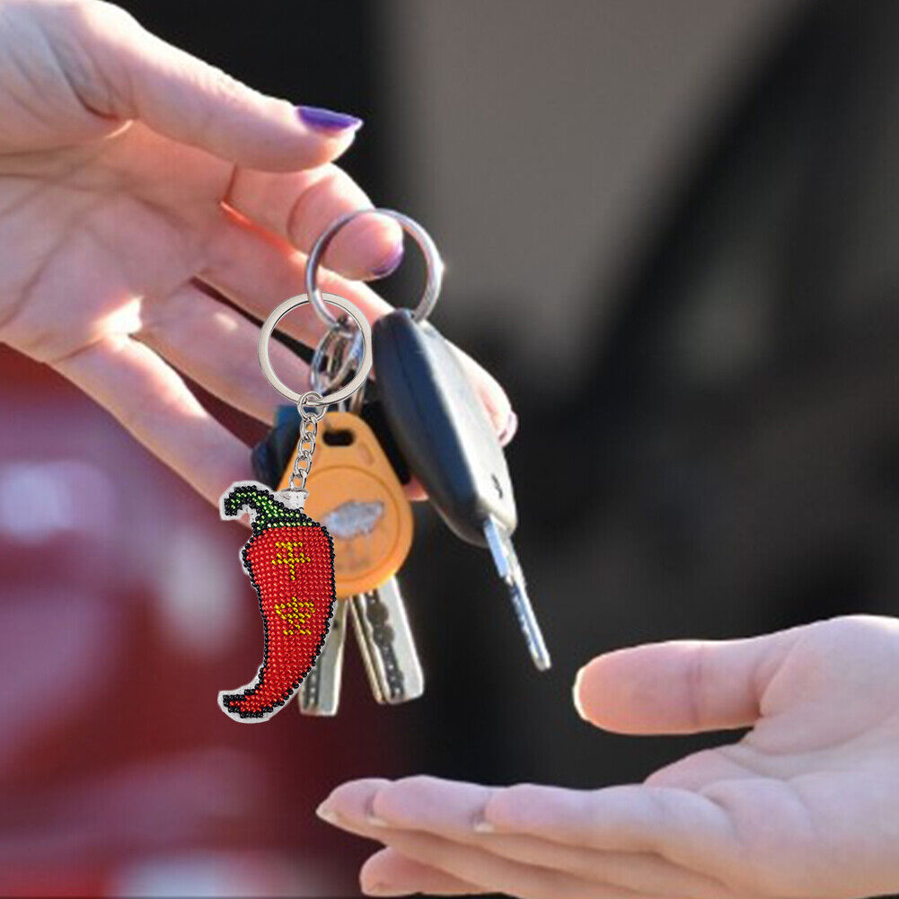 DIY Full Bead Cross Stitch Keychain Chili Printed Embroidery Keyring Gifts