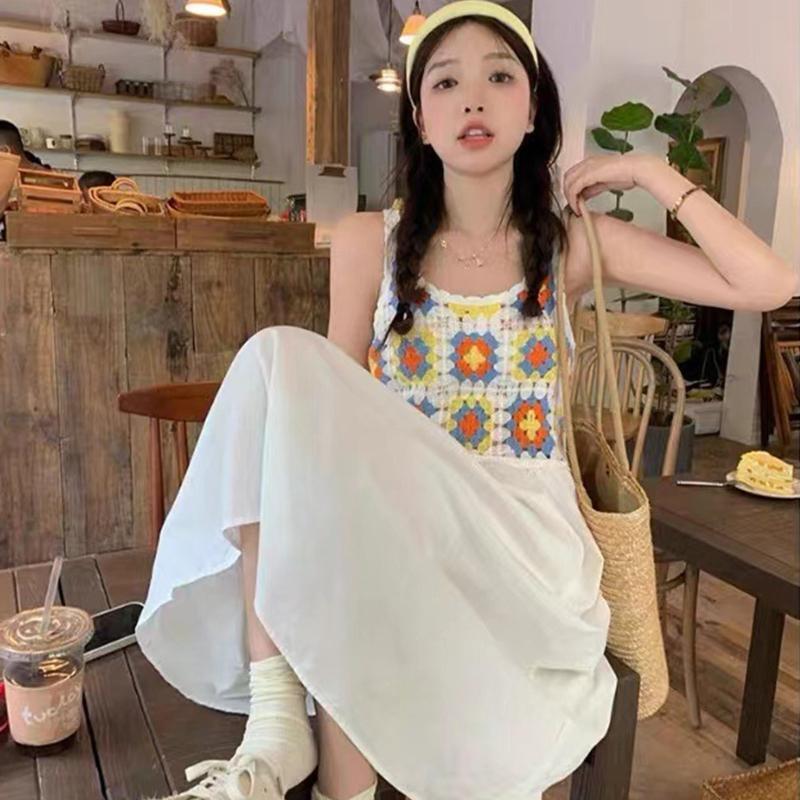 Hollow Out Knit Geometric Beach Loose Women Summer A-Line Long Flowy Tank Dress