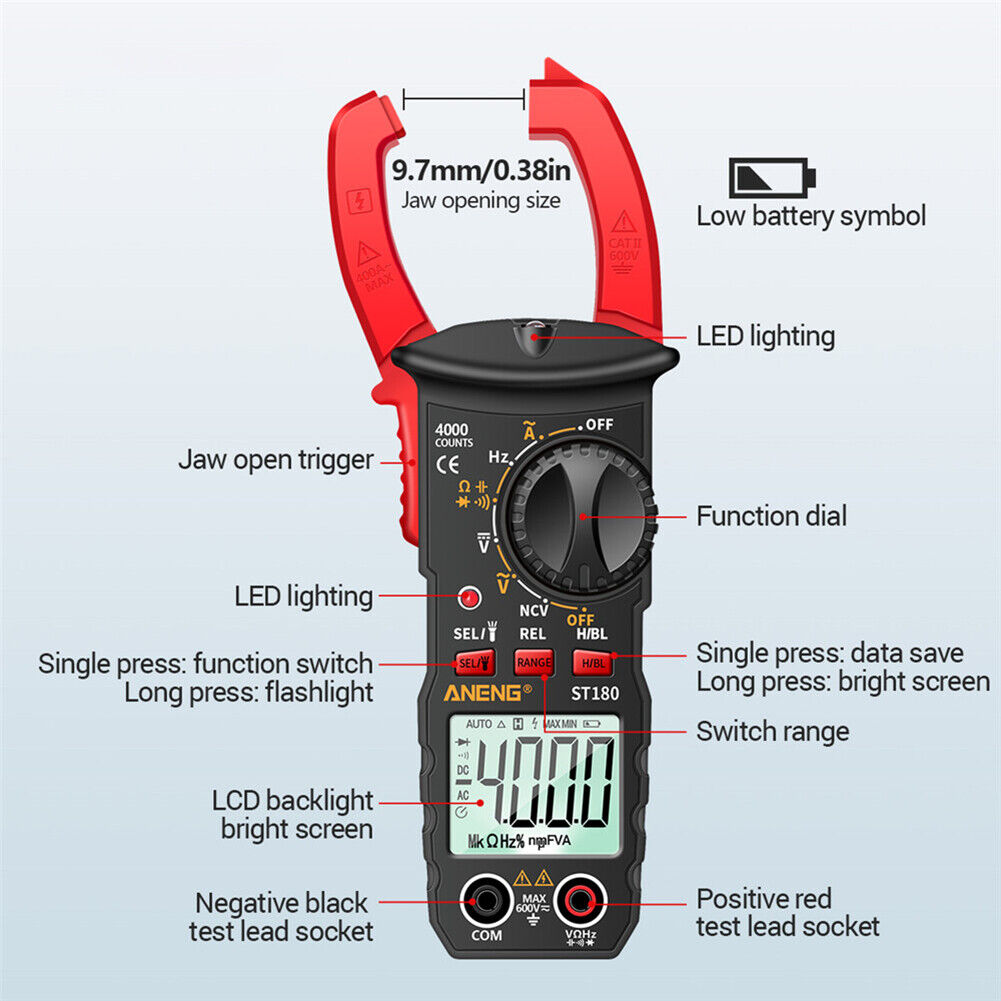 ST180 4000 Counts Digital Current Clamp Meter NCV Multimeter Tester (Red)