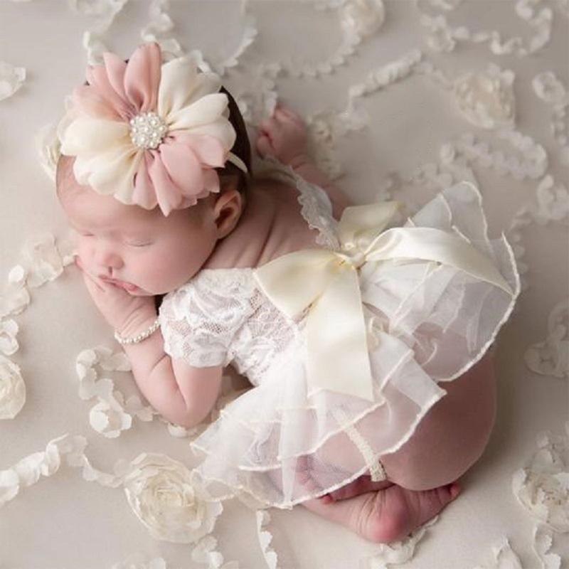 Baby Photography Props Outfit Lace Bowknot Skirt with Flower Headband