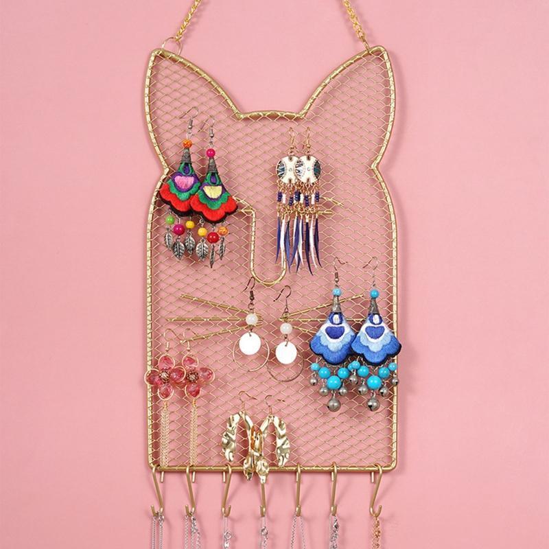 Metal Grid Cat Shaped Wall Shelf Earring Organizer Jewelry Holder Bracelet Ring