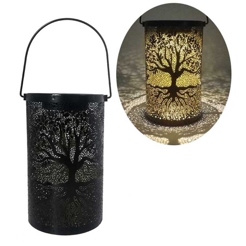 LED Solar Lantern Light Wrought Iron Hollow Tree Projection Lamp Yard Decor