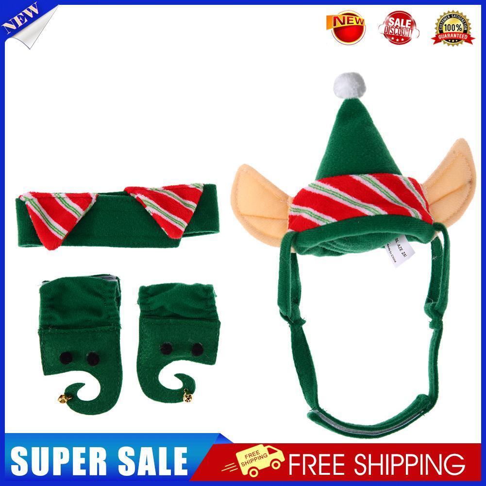 4pcs Pet Hat Set Warm Dogs Cats Christmas Green Hat+Necklace+Feet Sleeve