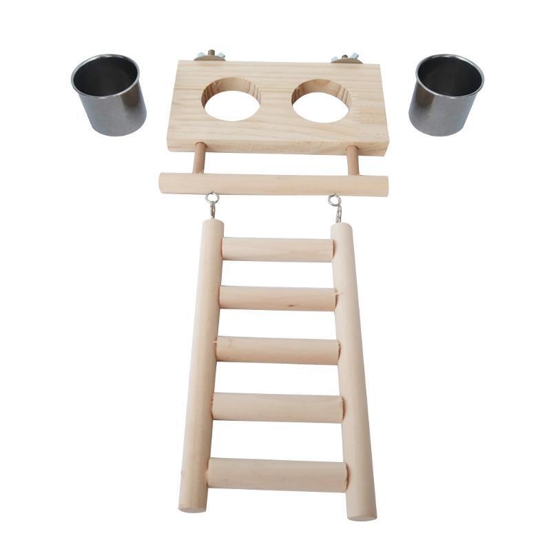 Birds Food Dish Stainless Steel Feeding Cups with Wood Platform and Ladder