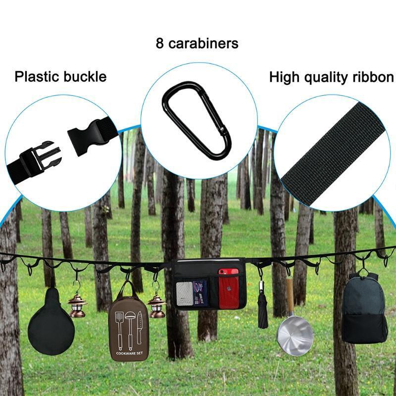 6.5m Outdoor Camping Lanyard Hanger Campsite Storage Strap with 8Hooks Belt Rope