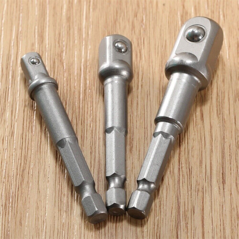 Screwdriver Impact Drill 3pc Socket Adapter Hex to 1/4" 3/8 1/2 Inch Bit Ratchet