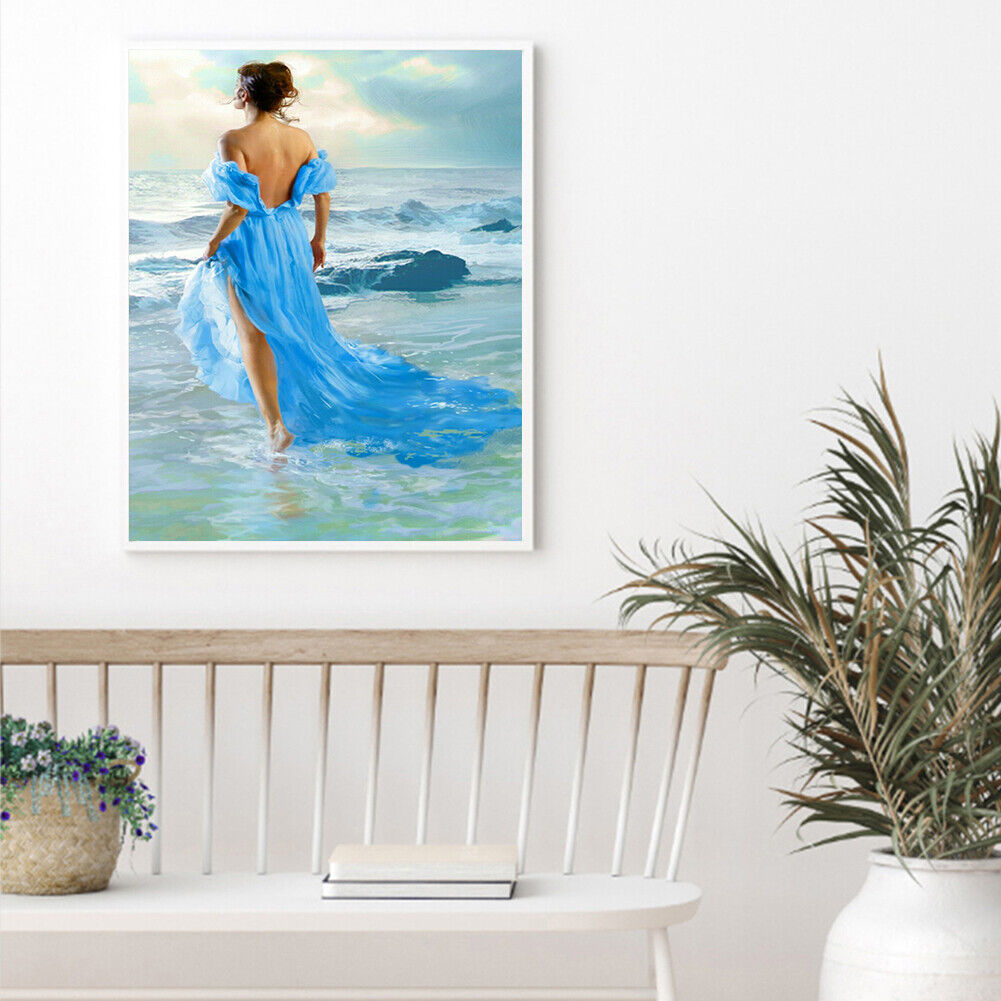 DIY Printed Seaside Girl Cross Stitch Kit Full Embroidery Canvas Home Decor