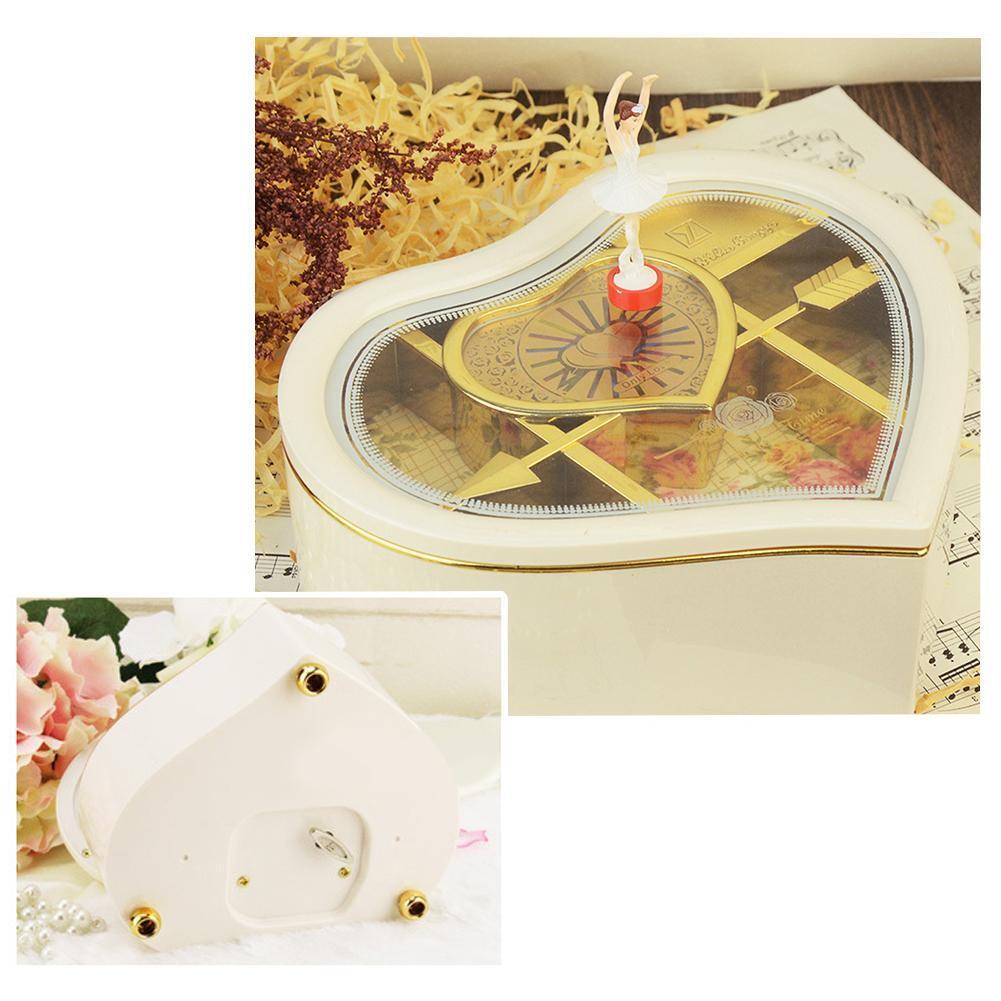 Romantic Love Heart Ballerina Music Box Jewelry Storage Case (White)