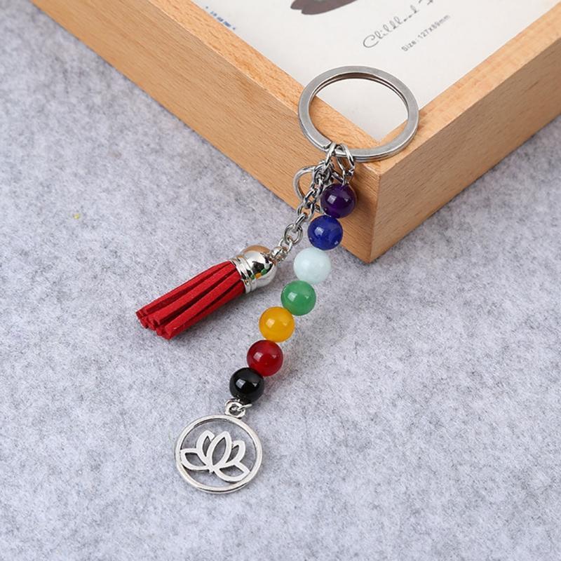 Creative Lotus Tassel Keychain 7 Chakras Colorful Stone Beads for Backpack Purse
