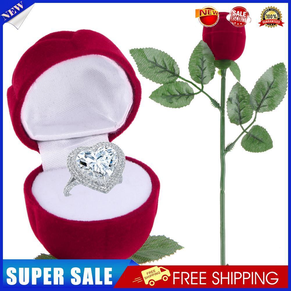Romantic Red Rose Engagement Wedding Ring Earrings Jewelry Gift Box Case