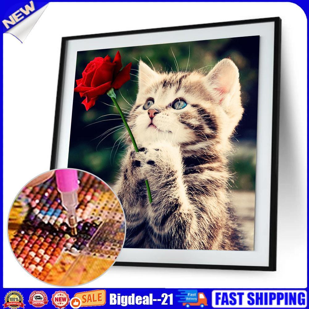 Naughty Kitten Cat Rose 5D Diamond DIY Painting Craft Home Decor