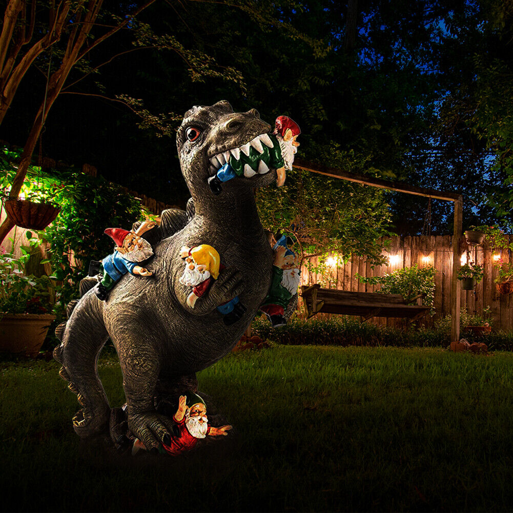 Dinosaur Eating Gnomes Garden Statue Outdoor Art Sculpture for Patio (S)
