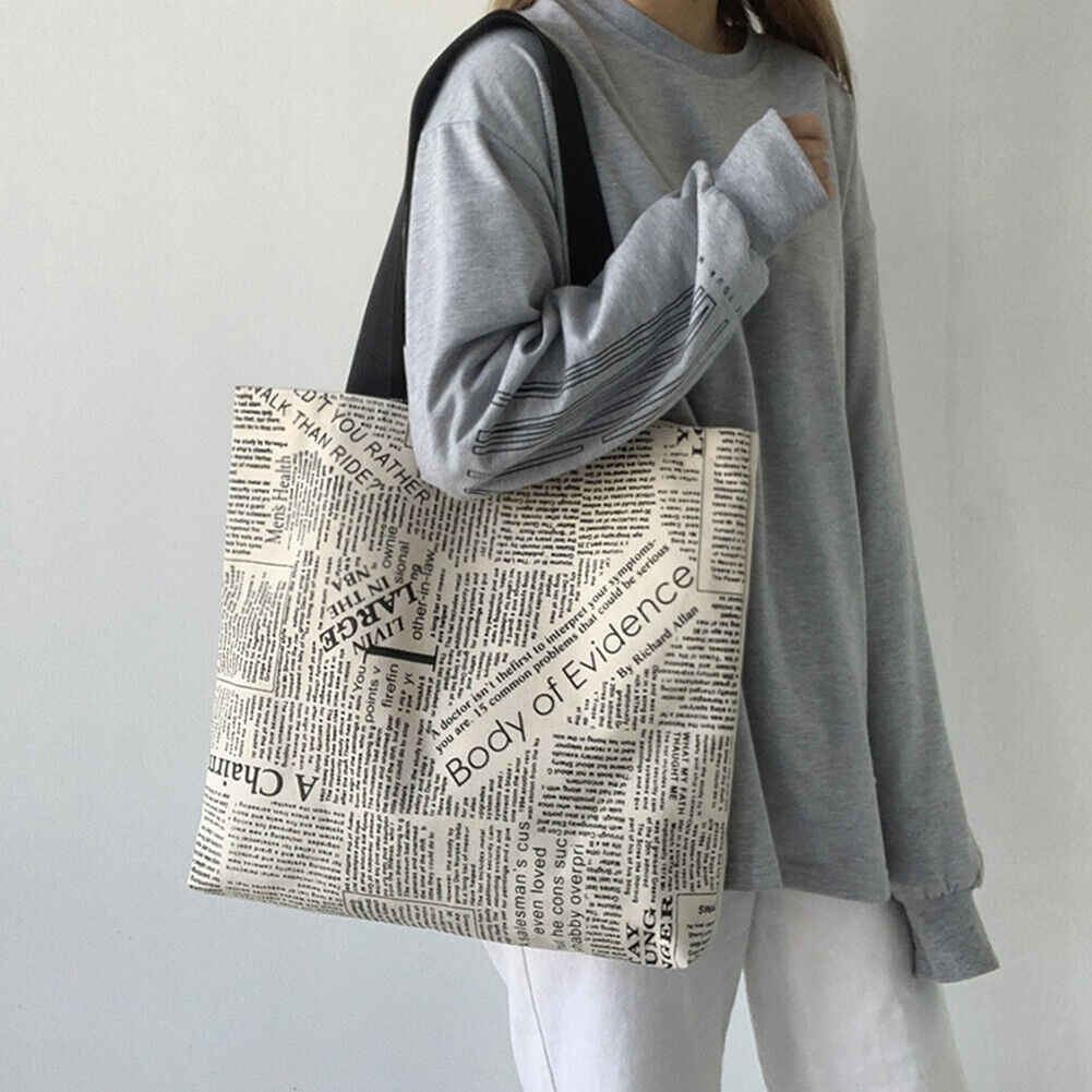 Women Canvas Newspaper Print Shoulder Shopping Bags Large Tote Handbags