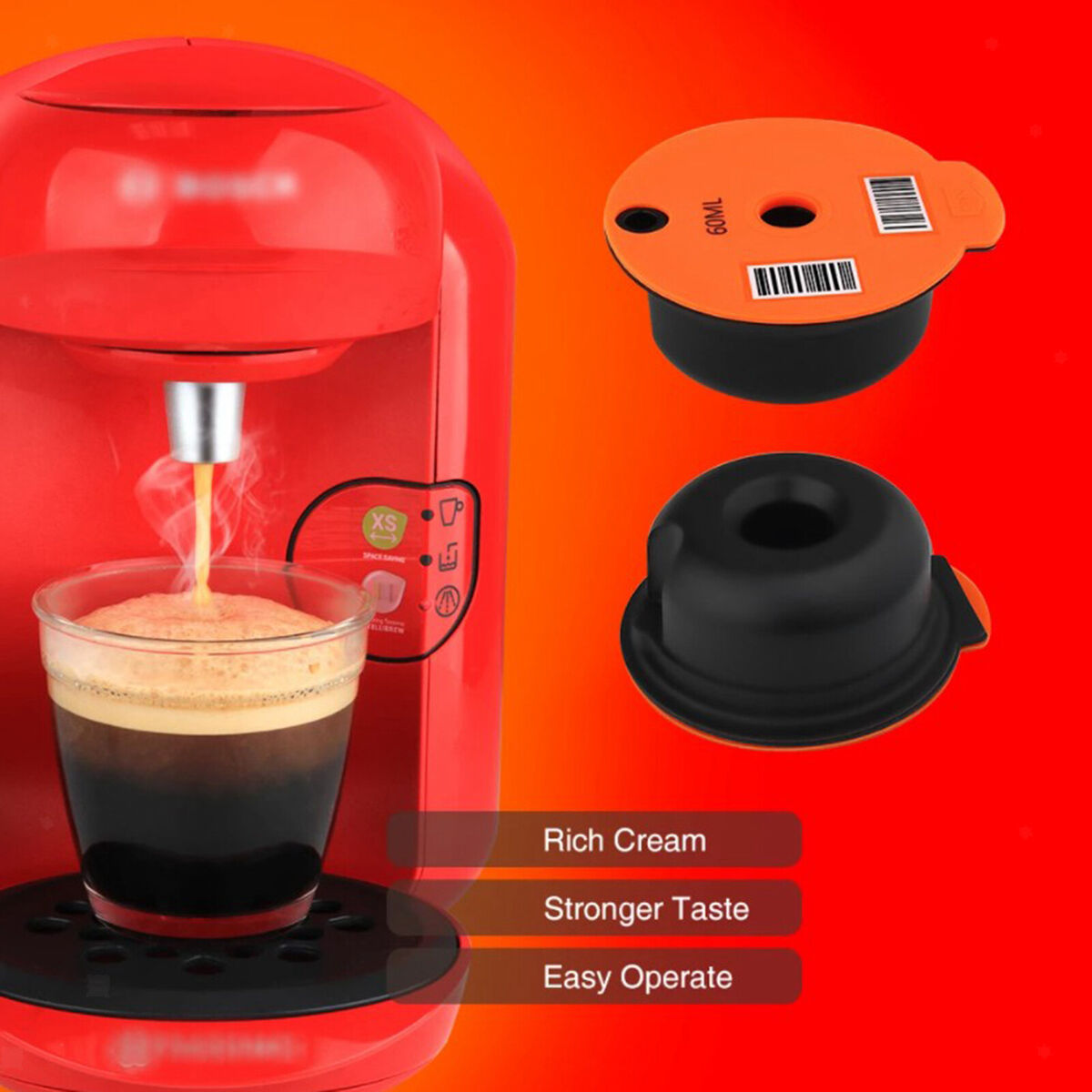 Reusable Coffee Capsule Pods Cups with Slicone Lid fit for Bosch Tassimo 60ml