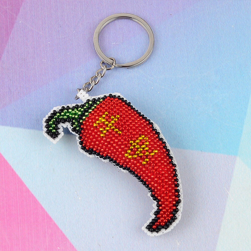 DIY Full Bead Cross Stitch Keychain Chili Printed Embroidery Keyring Gifts