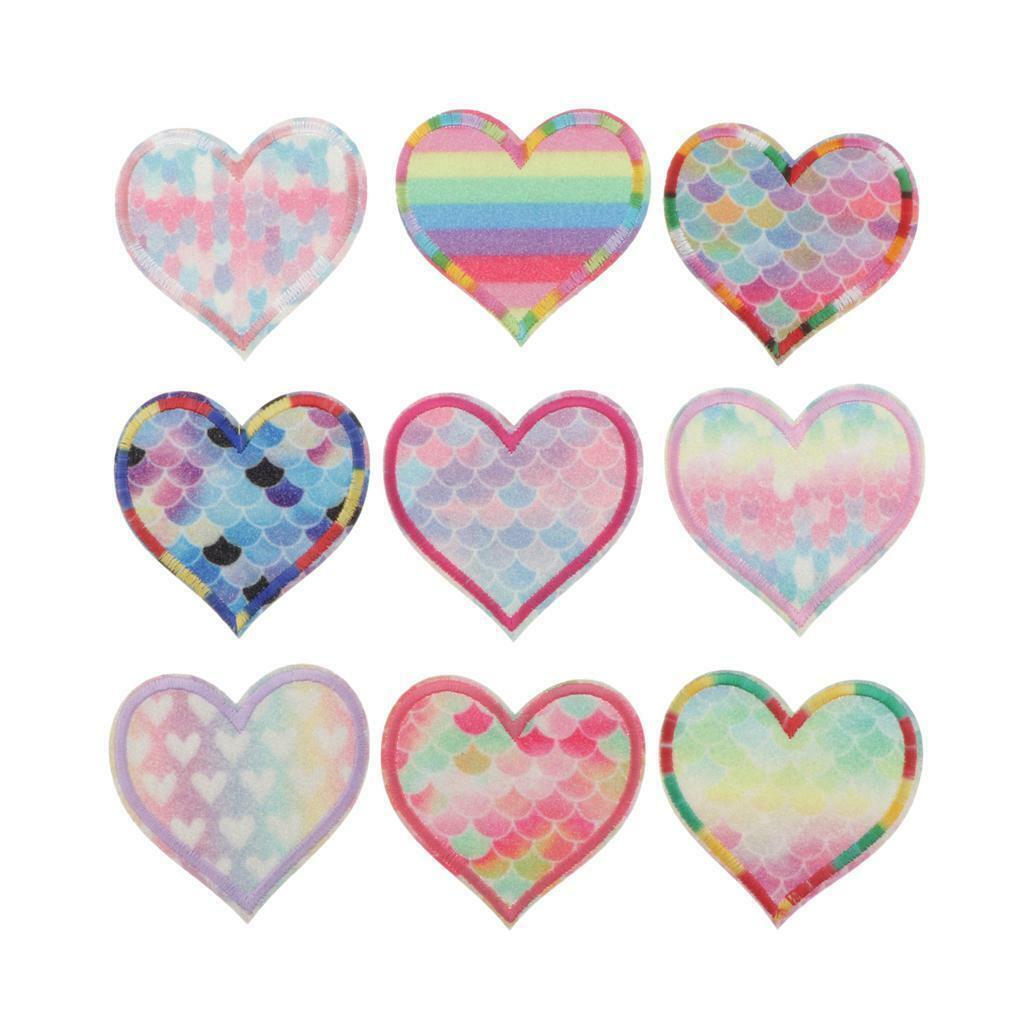 9x Shiny Heart Iron/Sew  Badge Jackets Hats Bags Motif Applique