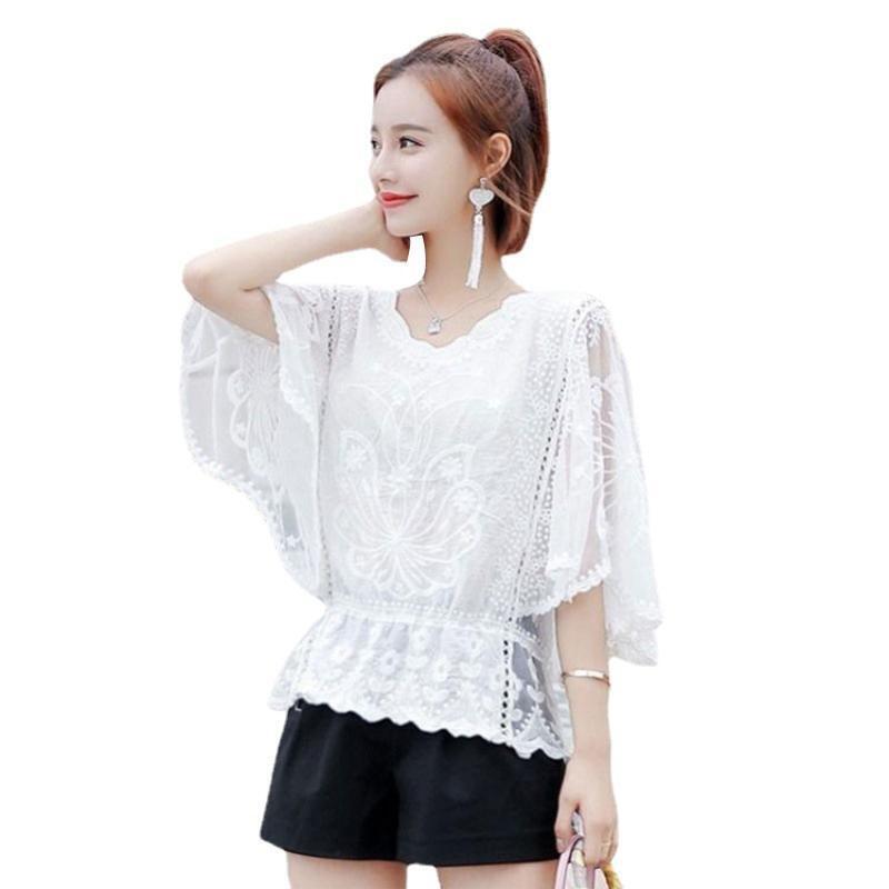Women Embroidery Floral Lace Shirt Batwing Sleeve Ruffle Loose Chiffon Blouse