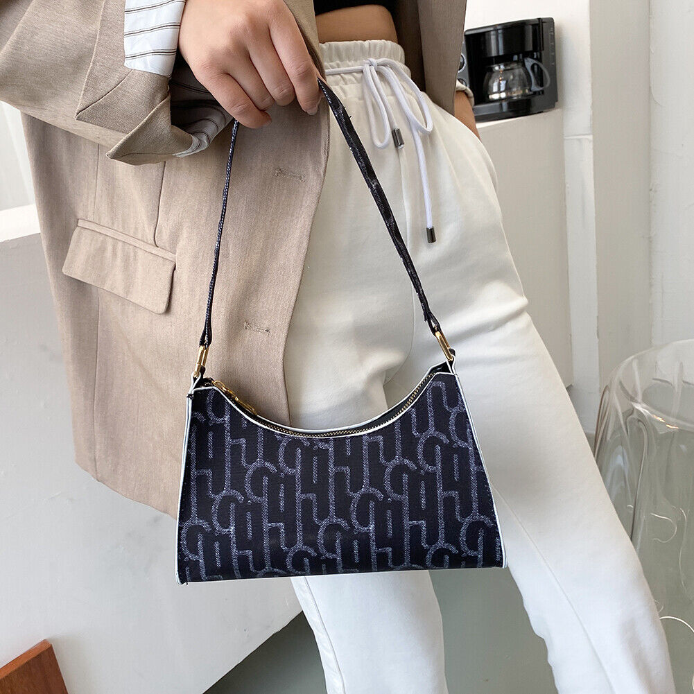 Casual Printed Women Handbag Totes PU Zipper Underarm Shoulder Bags (Black)