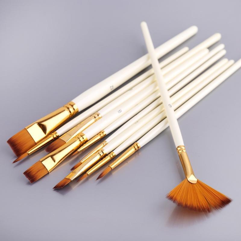 10pcs Nylon Hair Wooden Handle Watercolor Paint Brush Pen Oil Acrylic Painting