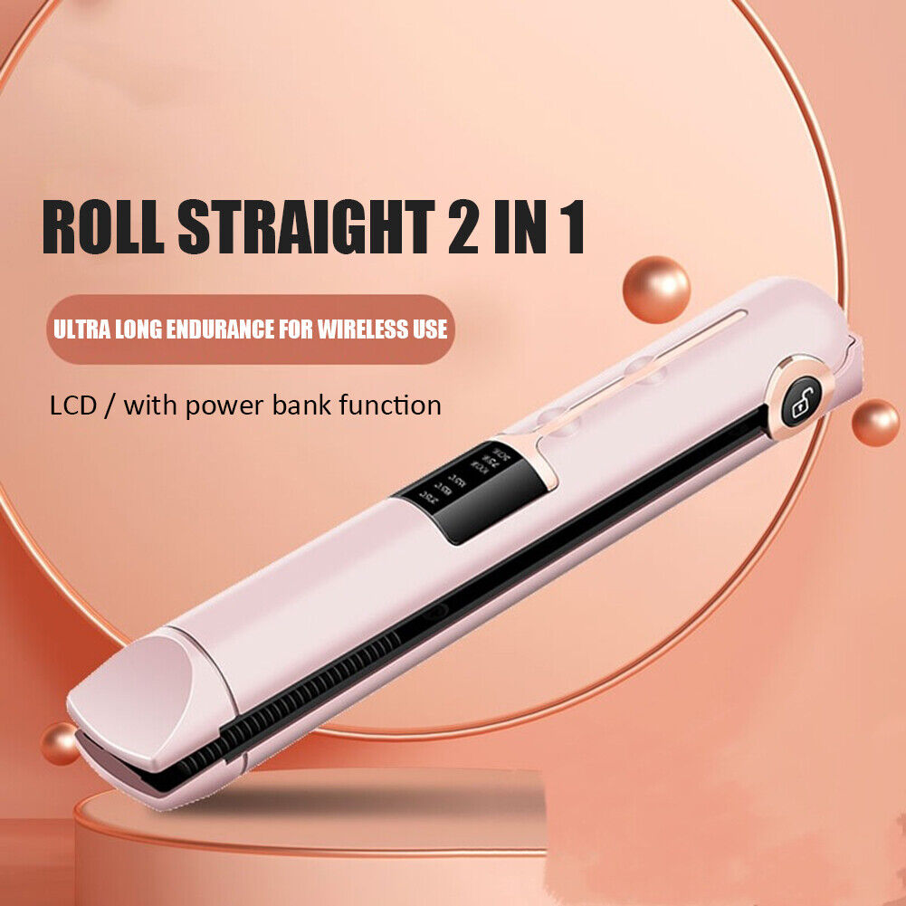 Cordless Hair Straightener Curler Fast Heating Thermal Flat Iron (Pink)