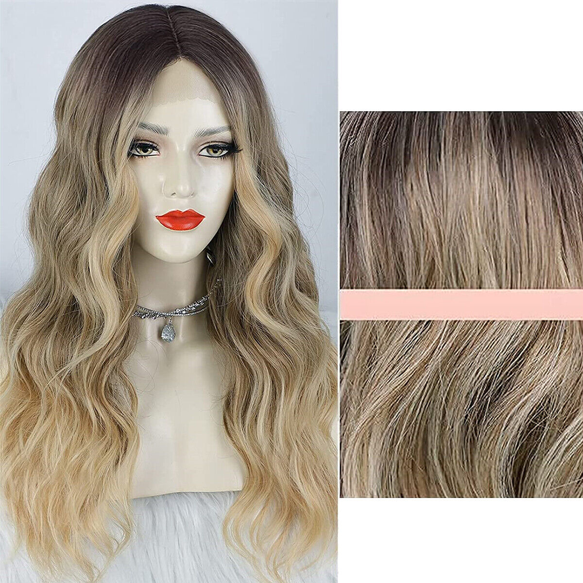 Fashion Womens Long Wavy Curly Hair Wig Ombre Blonde Synthetic Hair Full Wigs