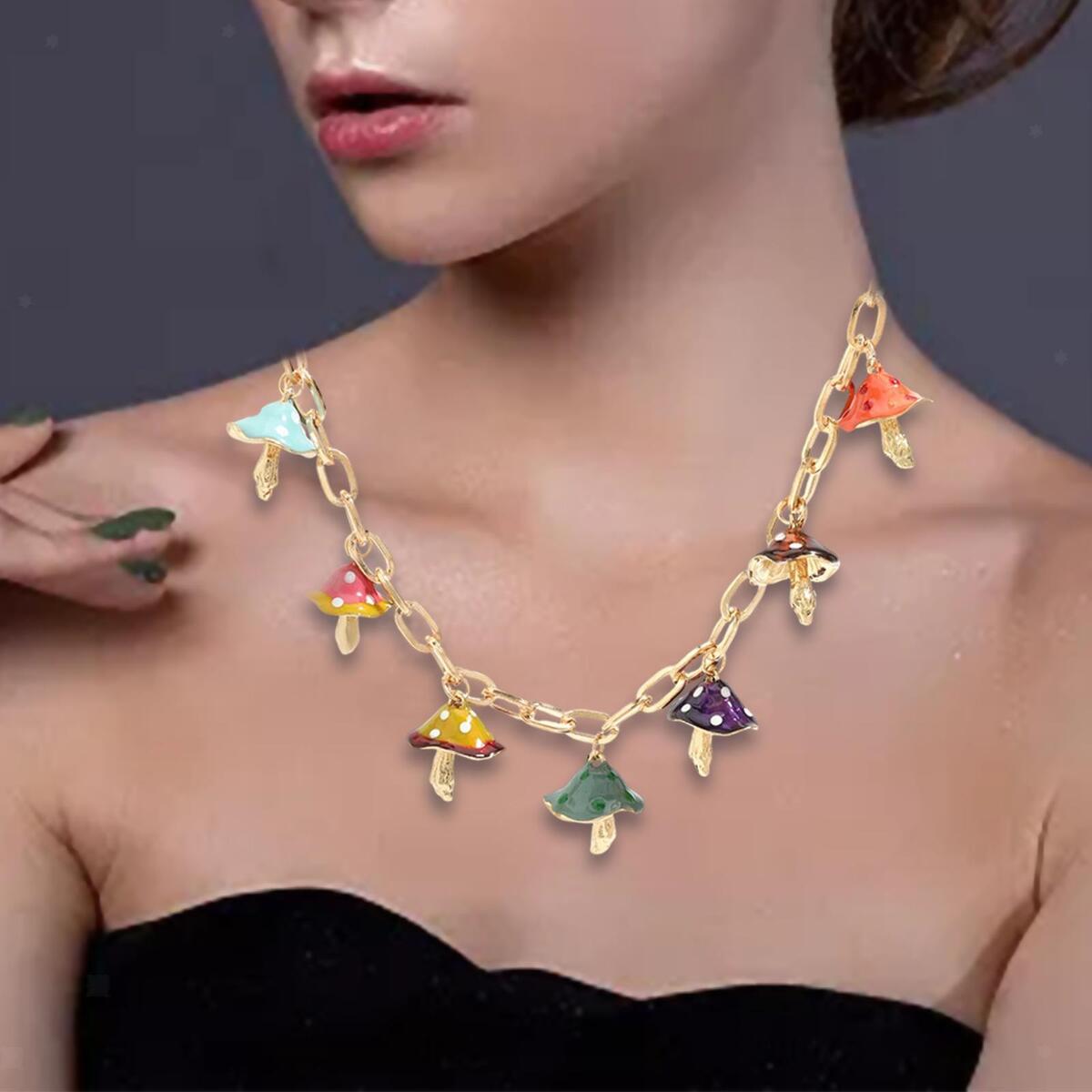 Mushroom Pendant Necklace Fashion with Extension Chain Colorful for Women