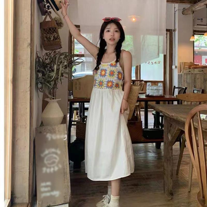 Hollow Out Knit Geometric Beach Loose Women Summer A-Line Long Flowy Tank Dress