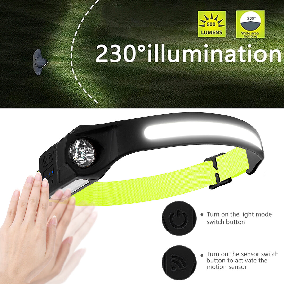 1pcs Wave Sensing COB Headlights Adjustable Headband Night Work Suitable