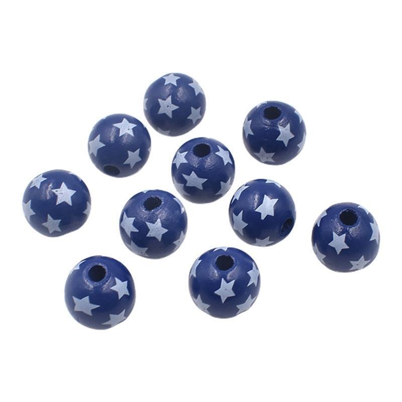 Independence Day Wood Beads 10 Pcs Round Patriotic Star Wooden Bead