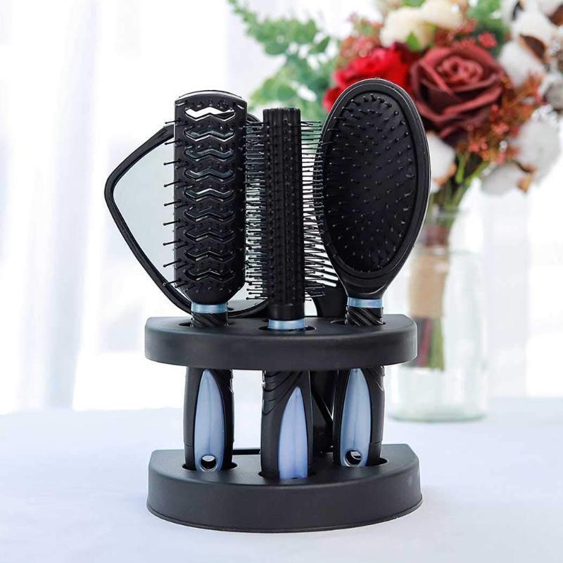 5Pcs Hair Brush Combs Set Salon Hairdressing Styling Tool Mirror Holder Stand