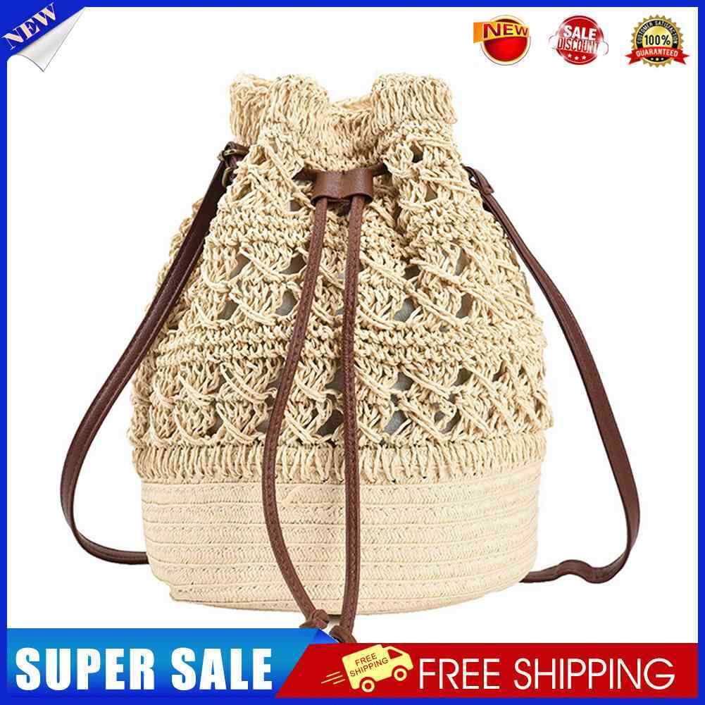 Straw Women Hand-Woven Rattan Bucket Tote Drawstring Shoulder Bags (Beige)