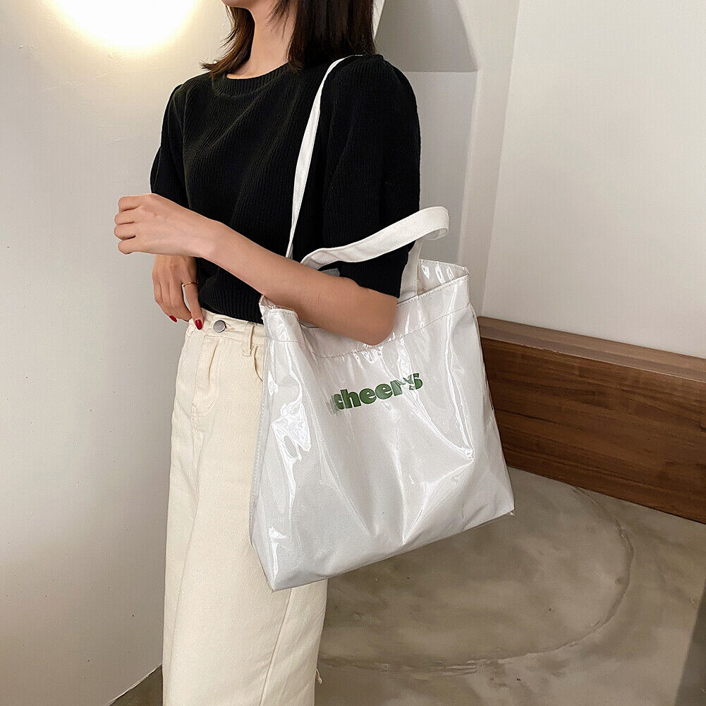 Fashion Women Canvas PVC Patchwork Print Shoulder Bag Large Handbag (White)