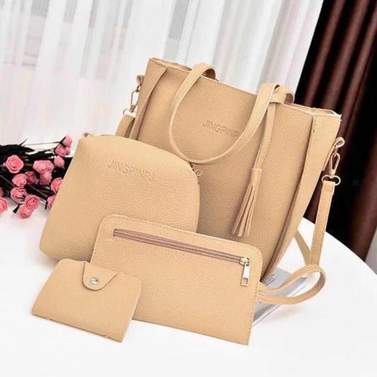 2 Set Women PU Leather Handbags Set Zipper Closure Gray+Khaki