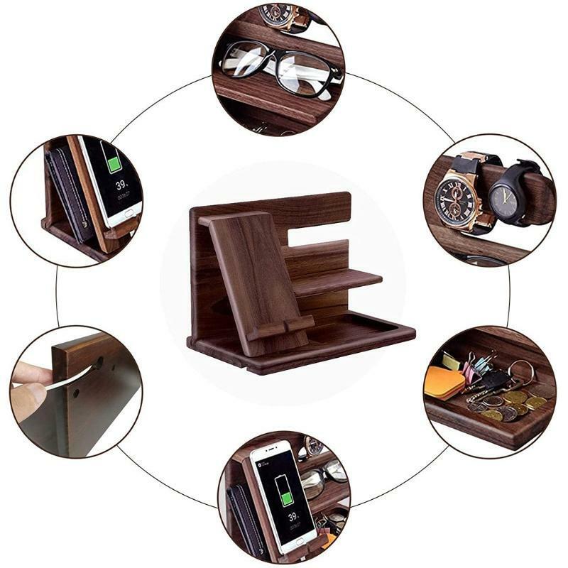 Wooden Phone Docking Station Wallet Stand Watches Purse Holder Desk Organizer