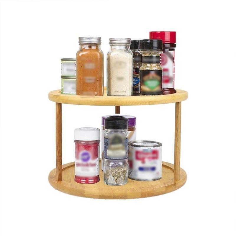 Round Bamboo Turntable Cabinet Organizer 2 Tier Spice Rack Removable Organizer