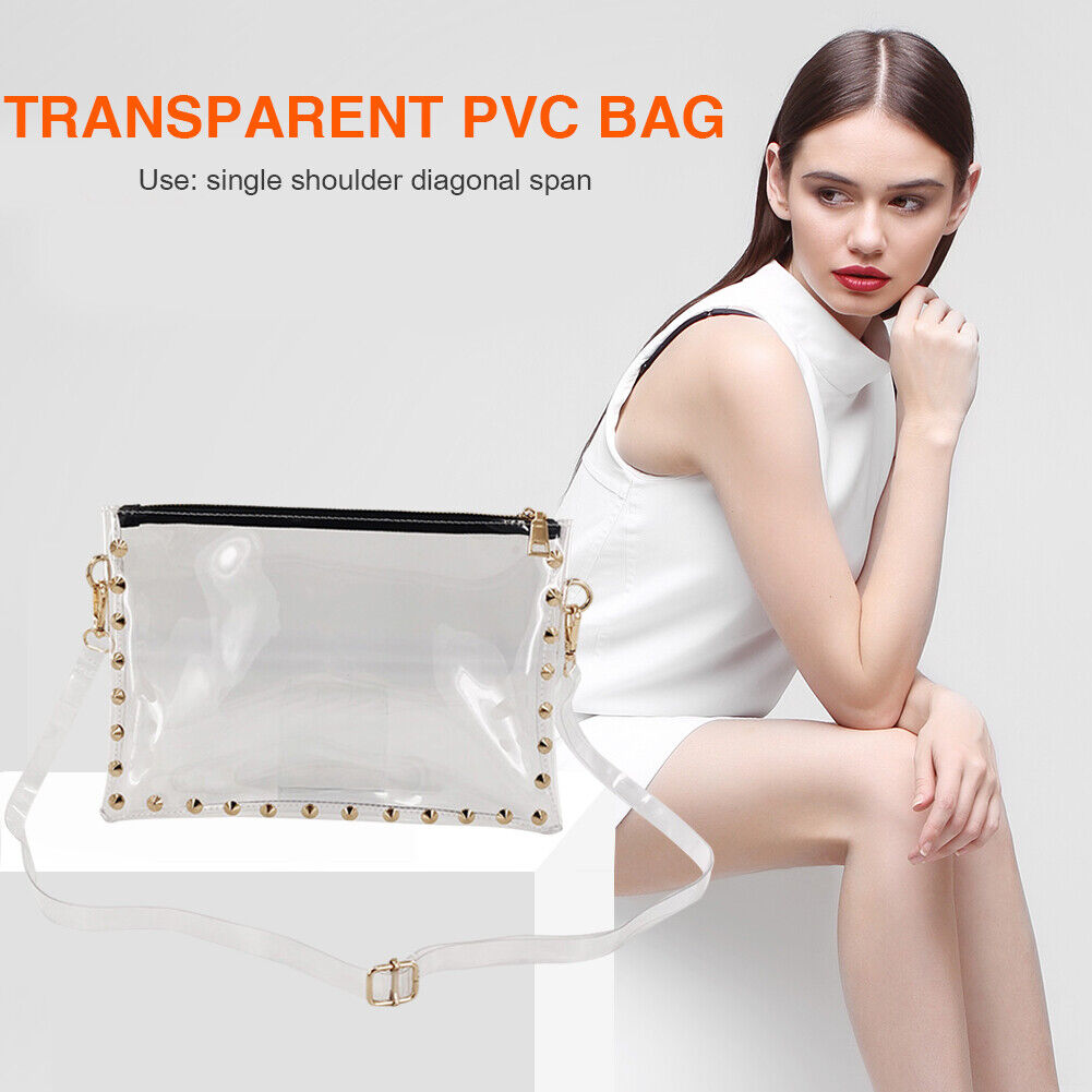 Women PVC Clear Shoulder Bag Lady Rivet Zipper Stadium Approved Handbag