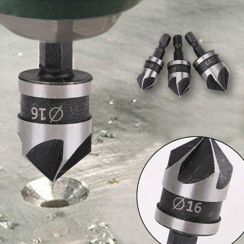 3pcs/set 90 Degree 1/4 Hex Drill Rod 5 Flute 12mm 16mm 19mm Wood Debur Counter