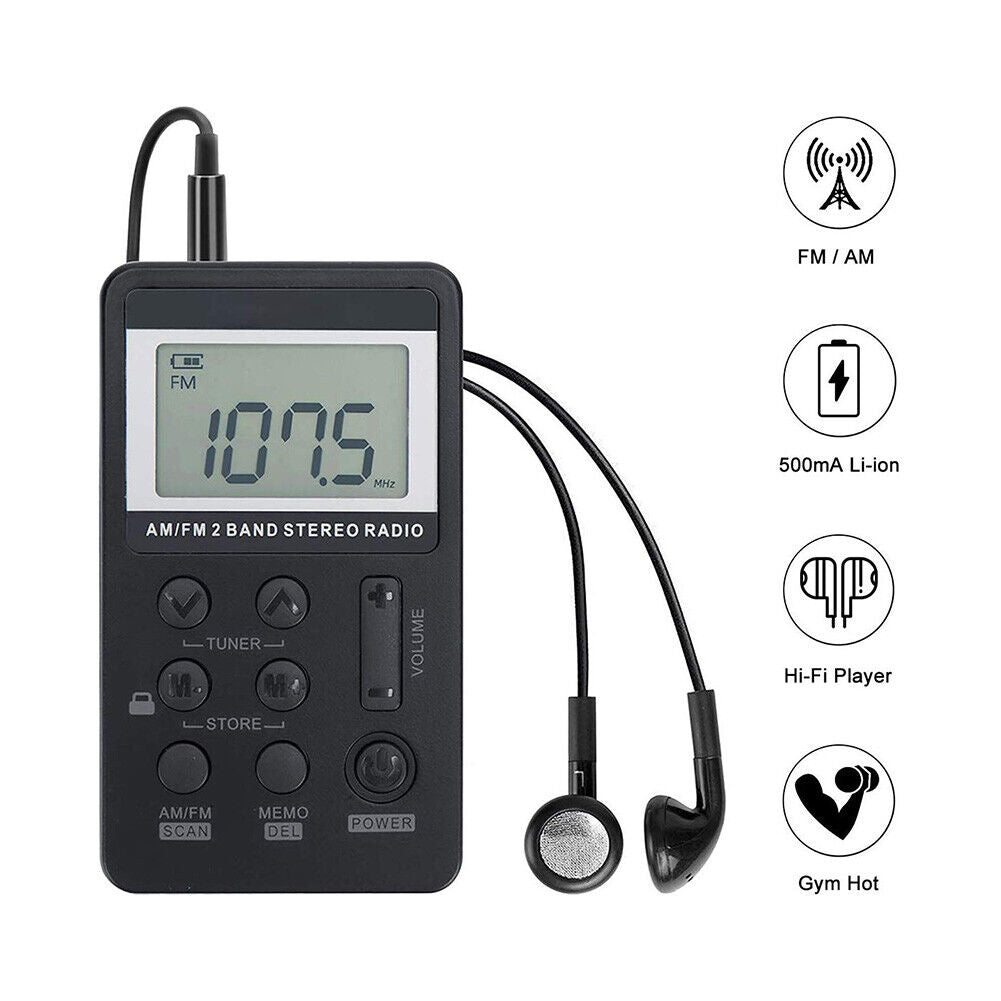 Portable Dual Band AM/FM Pocket Radio Digital Display Mini Radio (Black)