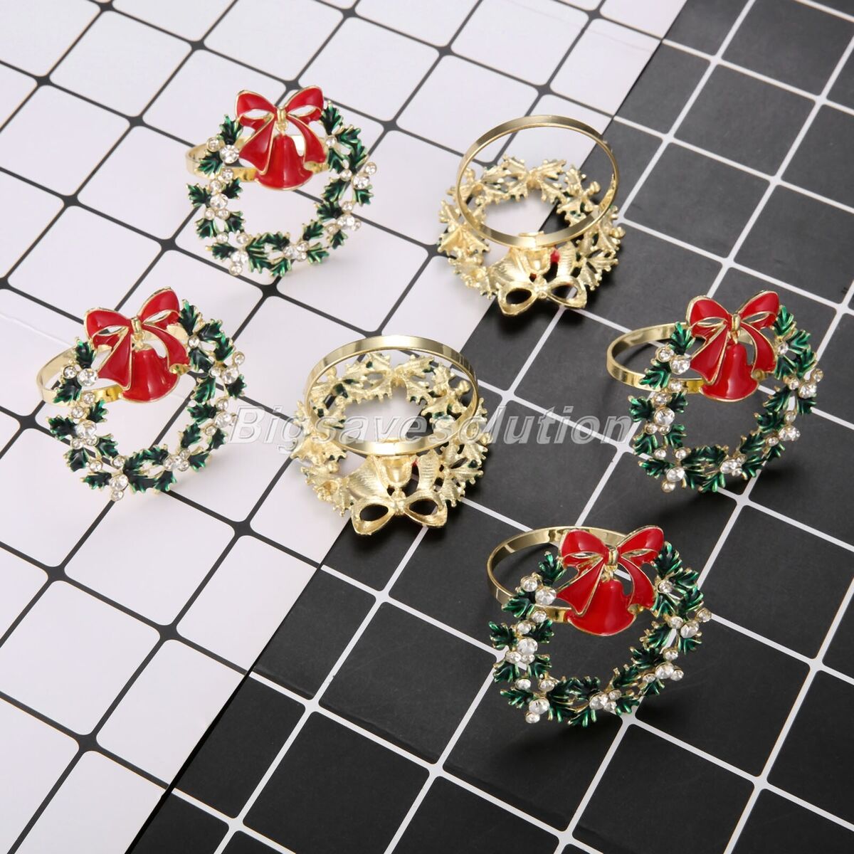 6pcs Christmas Tree Napkin Rings Bow Flower Wreath Buckle Xmas Thanksgiving Use