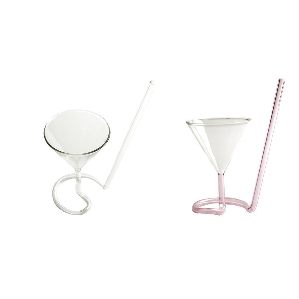 2pcs Creative Cocktail Glass with Long Straw Soft Drink Reusable Rotating Glass