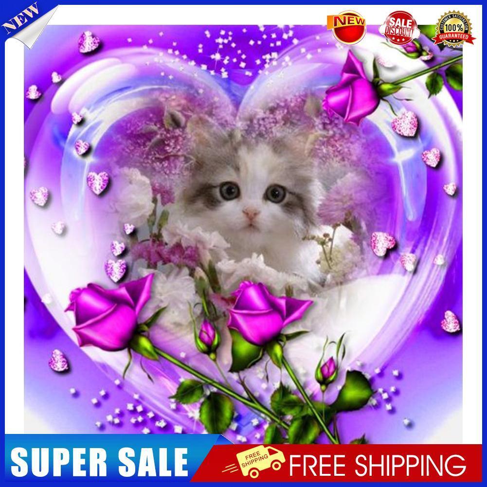 DIY Rose Cat Full Drill Round Diamond Painting Mosaic Picture for Bead Art