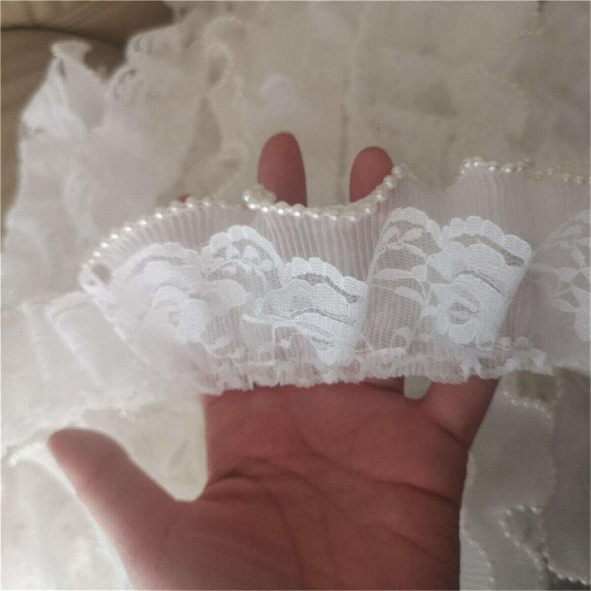 50cm Polyester 2-Layer Bead Pleated Lace Trim Ribbon Dress Cuff Sewing DIY Craft