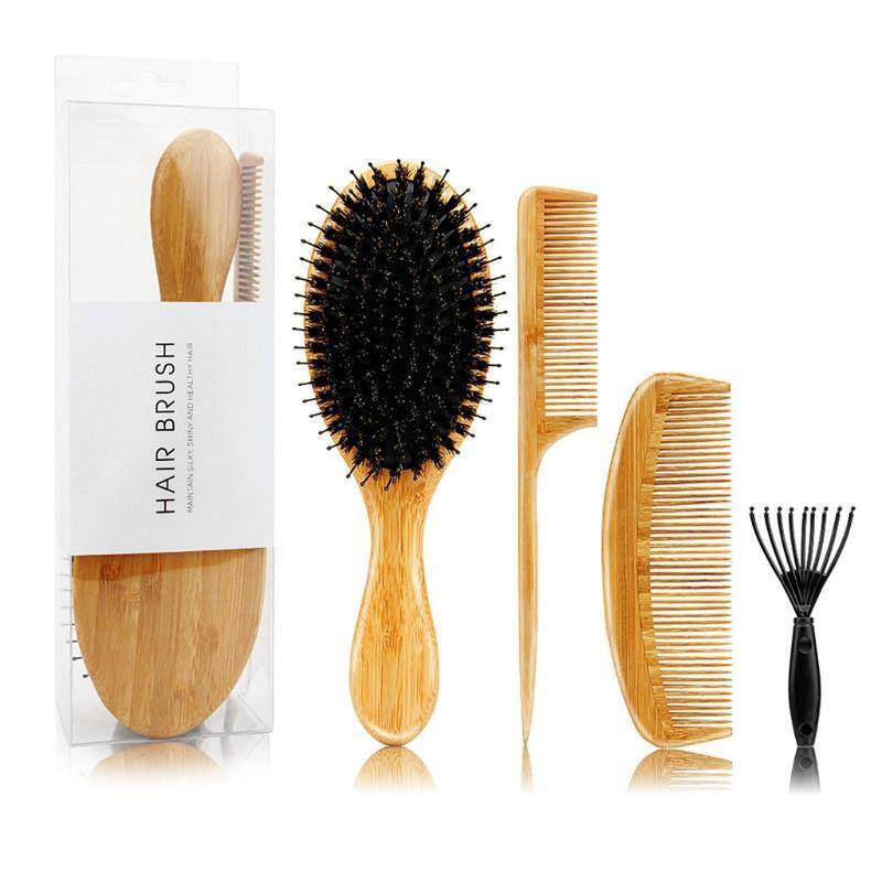 4Pcs/Set Bamboo Handle Boar Bristles Anti Static Hair Brush Massage Scalp Comb