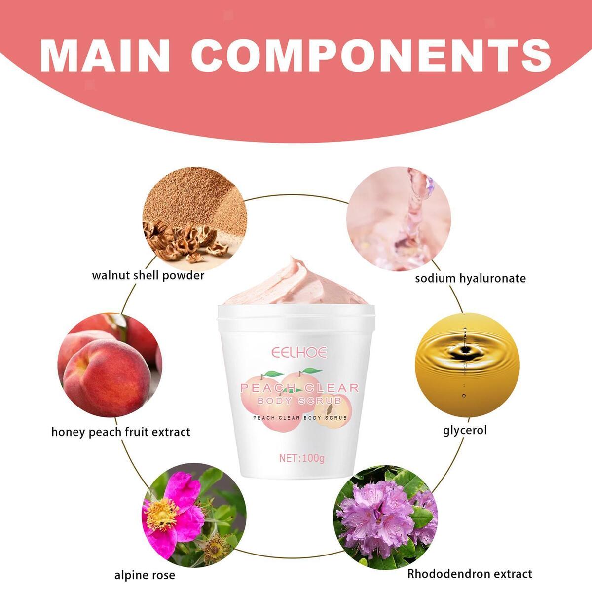 Natural Sugar Peach Clear Body Scrub, 100G Hydrating Gentle Formula Refreshing