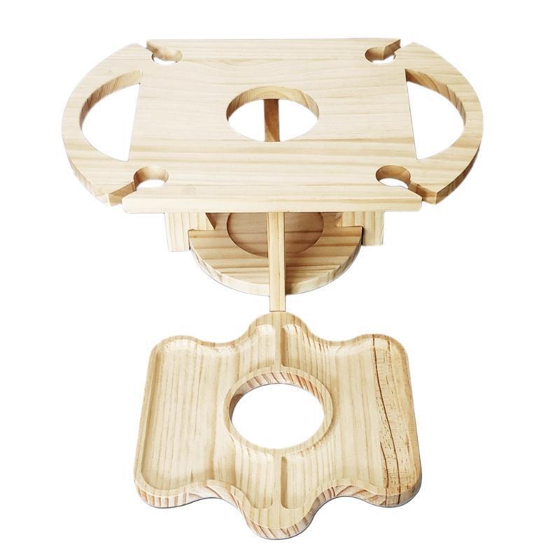 Portable Wine Rack Holder with Fruit Tray Foldable Mini Wooden Picnic Table Desk